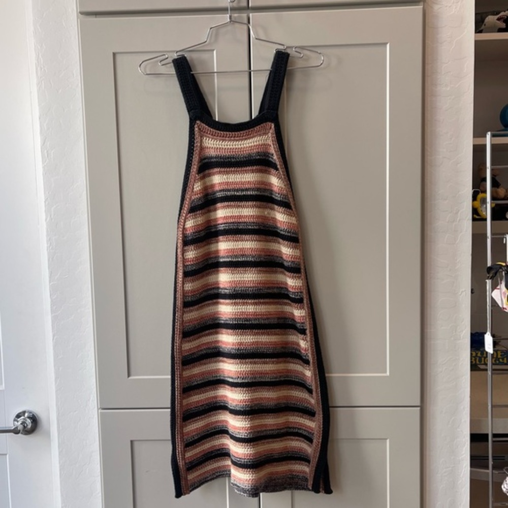 Free People Retro Ruby Knit Crochet Striped Tank Dress Small Boho Black Cream